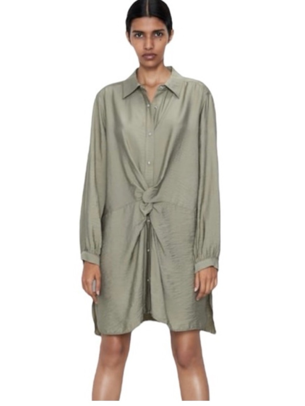 Zara Olive Green Button-Front Knot Shirt Dress Oversized XS